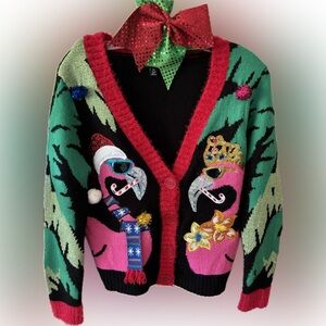 Pink Flamingo Ugly Christmas Sweater with Bow XS